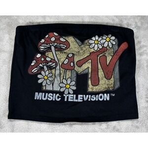 MTV Tube Top Women Size Medium Black Excellent Mushroom Daisy Graphic Y2K Retro